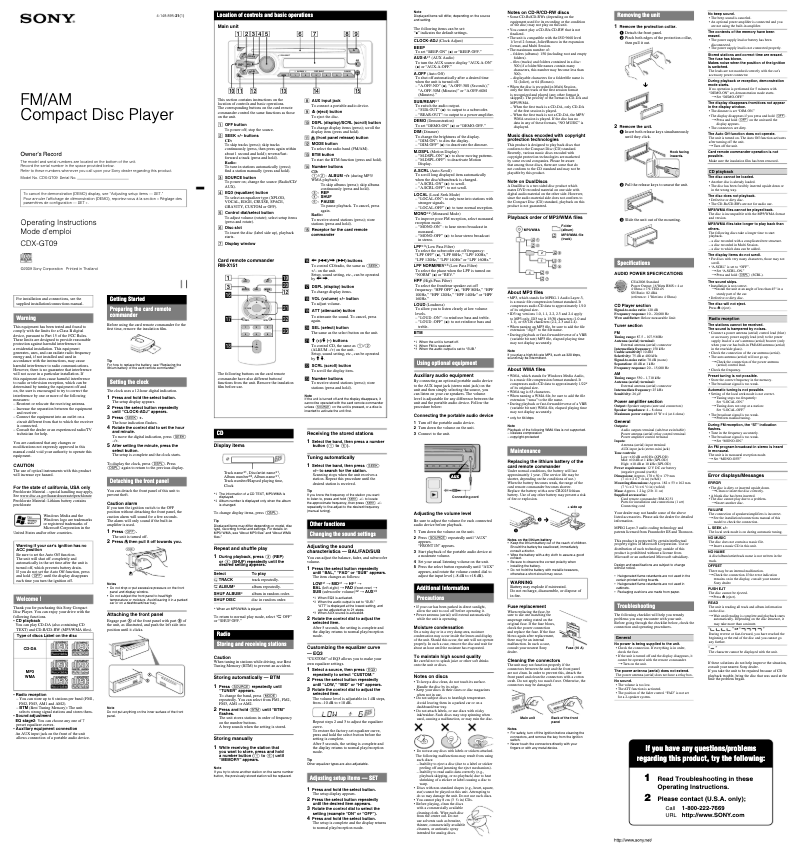 Page n°1 - Manuel utilisateur Sony CDX-GT09