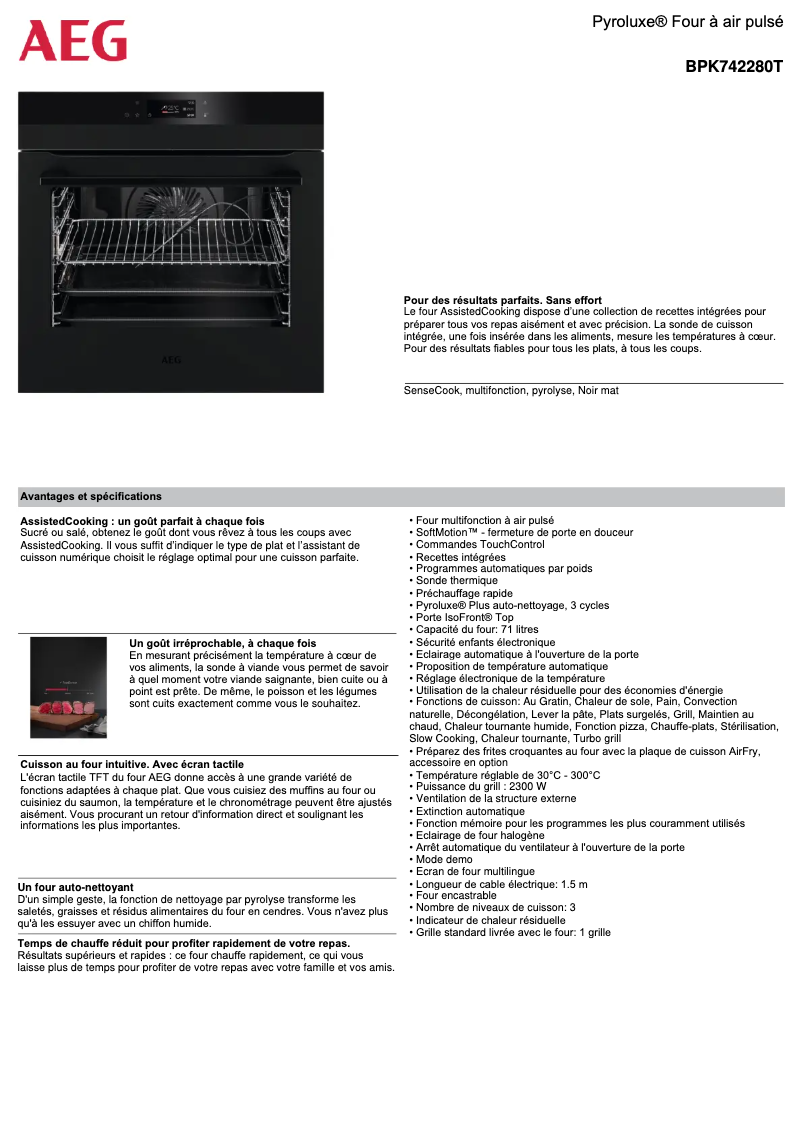 Page 1 de la notice Fiche technique AEG BPK742280T