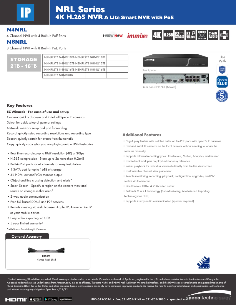 Page 1 de la notice Fiche technique Speco Technologies N4NRL