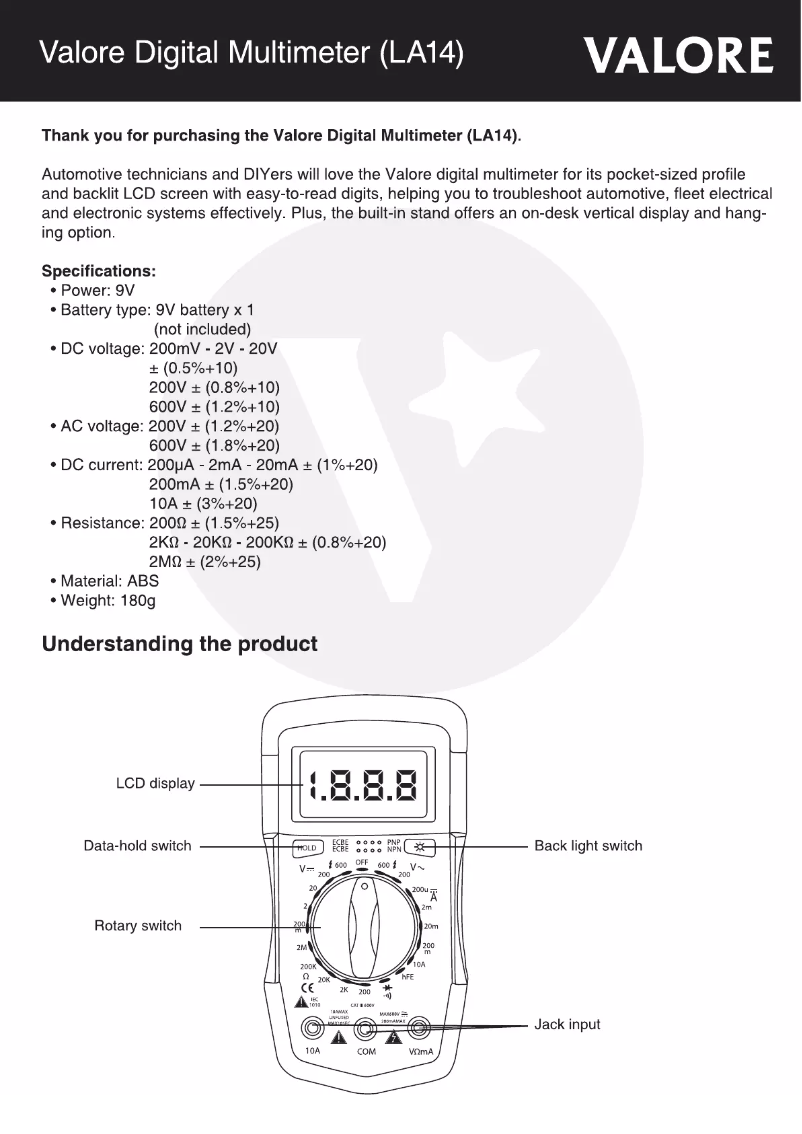 Page 1 de la notice Manuel utilisateur Valore LA14