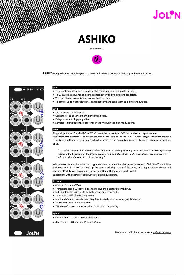 Page n°1 - Manuel utilisateur Jolin Ashiko