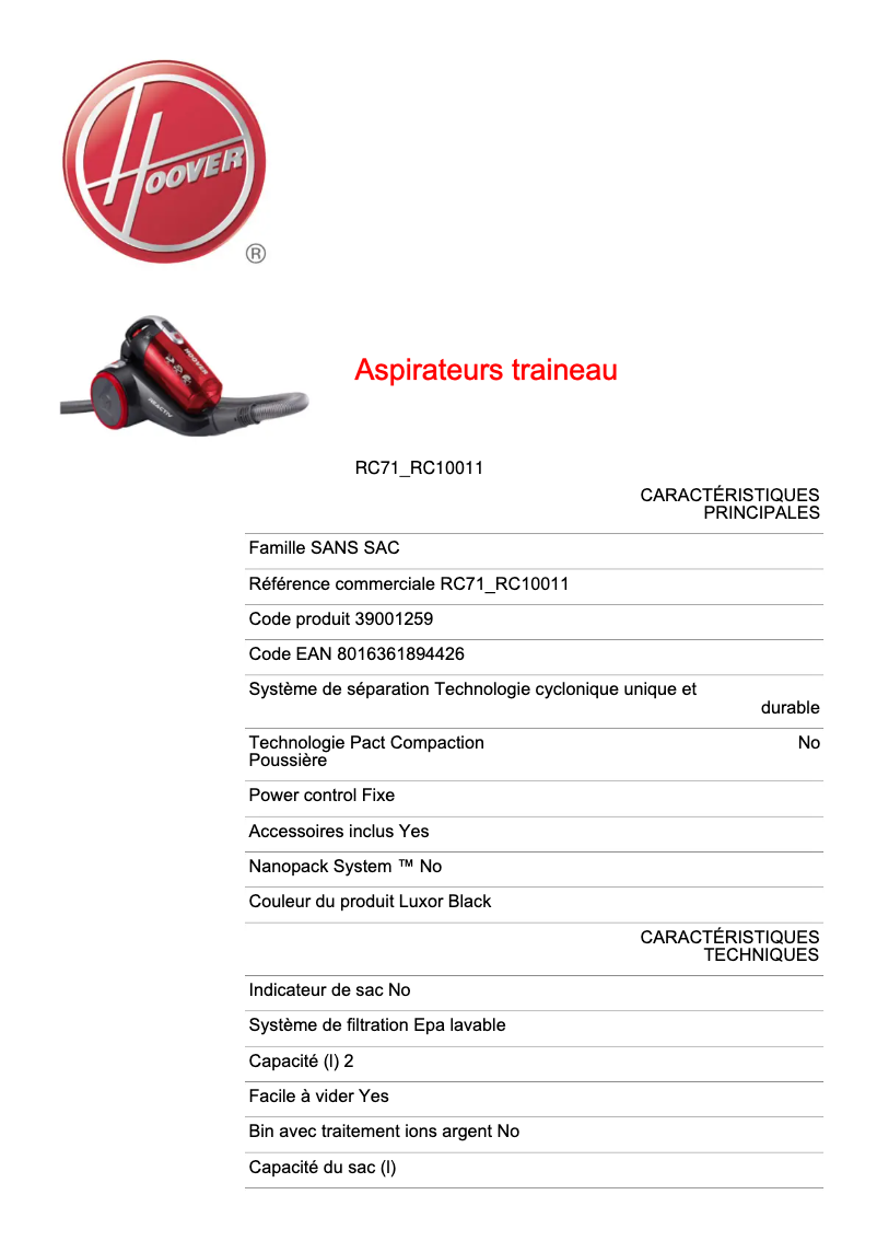 Page 1 de la notice Fiche technique Hoover Reactiv RC71_RC10011