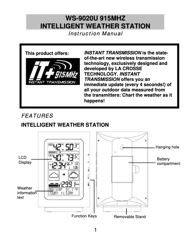 Page n°1 - Manuel utilisateur La Crosse Technology WS-9020U-IT