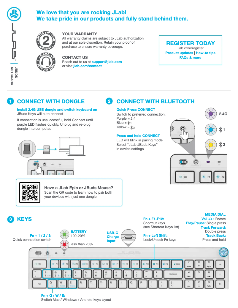 Page 1 de la notice Manuel utilisateur JLab JBuds Keyboard