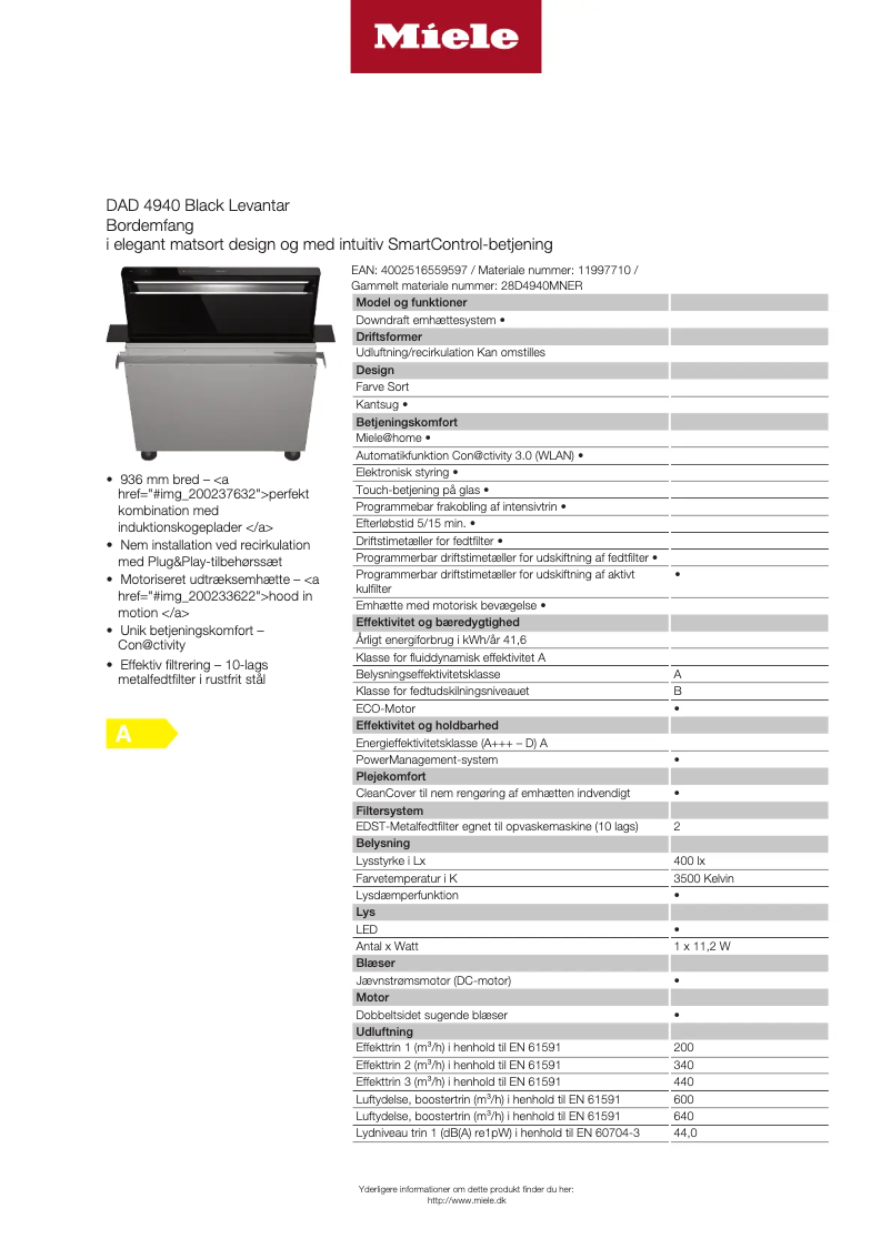 Page 1 de la notice Fiche technique Miele DAD 4940
