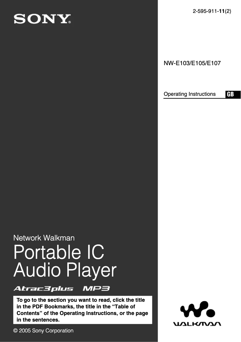 Page 1 de la notice Manuel utilisateur Sony Walkman NW-E107