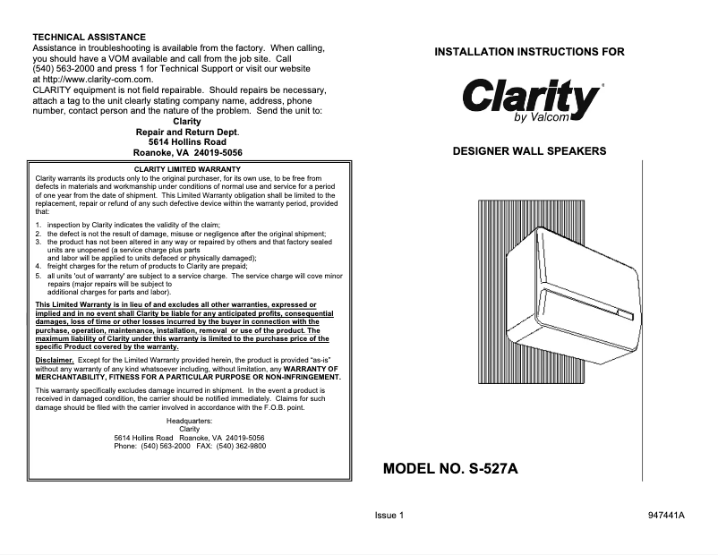 Page 1 de la notice Manuel utilisateur Clarity S-527A