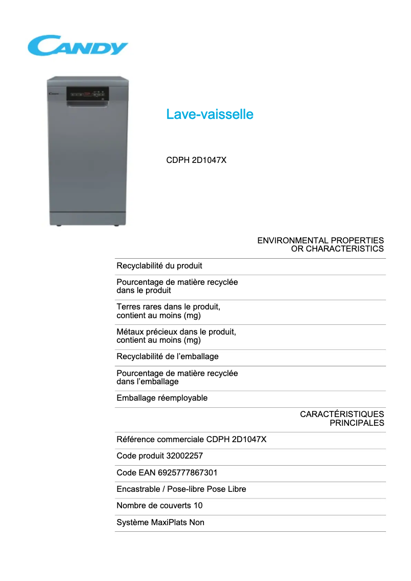 Page 1 de la notice Fiche technique Candy CDPH 2D1047X