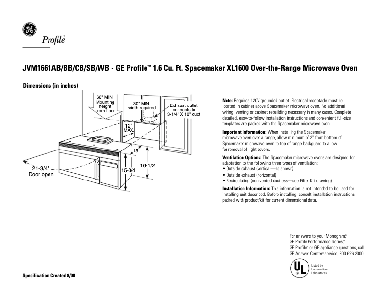 Página 1 del manual Ficha técnica GE Profile JVM1661BB