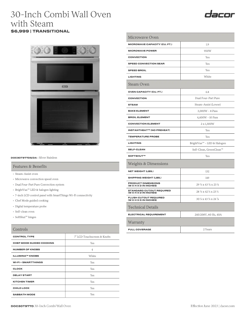 Page 1 de la notice Fiche technique Dacor DOC30T977DS