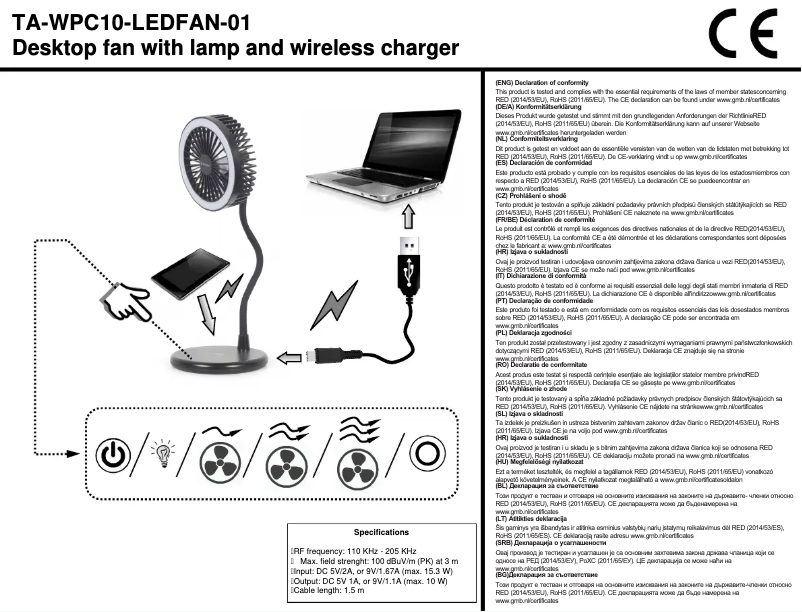 Page 1 de la notice Manuel utilisateur Gembird TA-WPC10-LEDFAN-01
