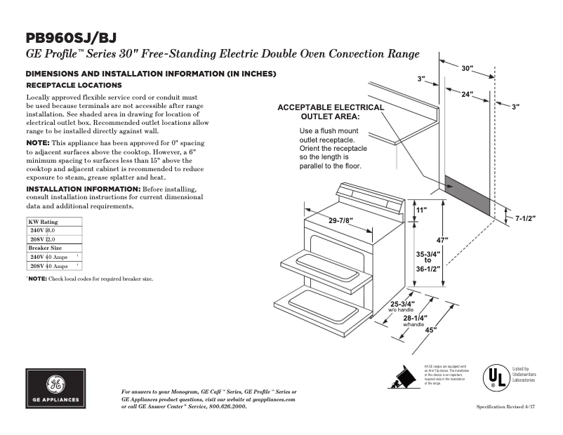 Page 1 de la notice Fiche technique GE Profile PB960BJTS