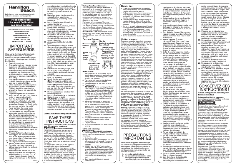 Page n°1 - Manuel d'utilisation et d'entretien Hamilton Beach Smoothie 50166