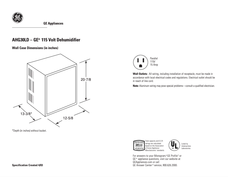 Page 1 de la notice Fiche technique GE AHG30LD