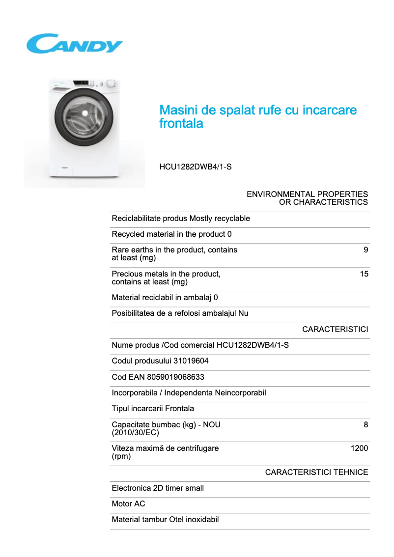 Page 1 de la notice Fiche technique Candy HCU1282DWB4/1-S