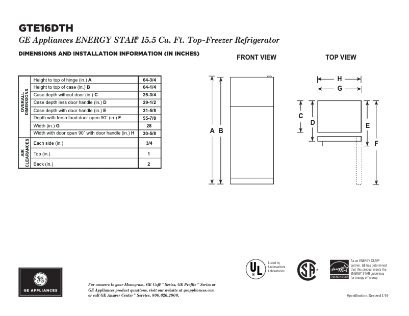 Page n°1 - Fiche technique GE GTE16DTHWW