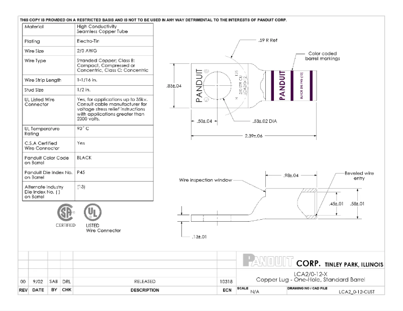 Page n°1 - Dessin technique Panduit LCA2/0-12-X