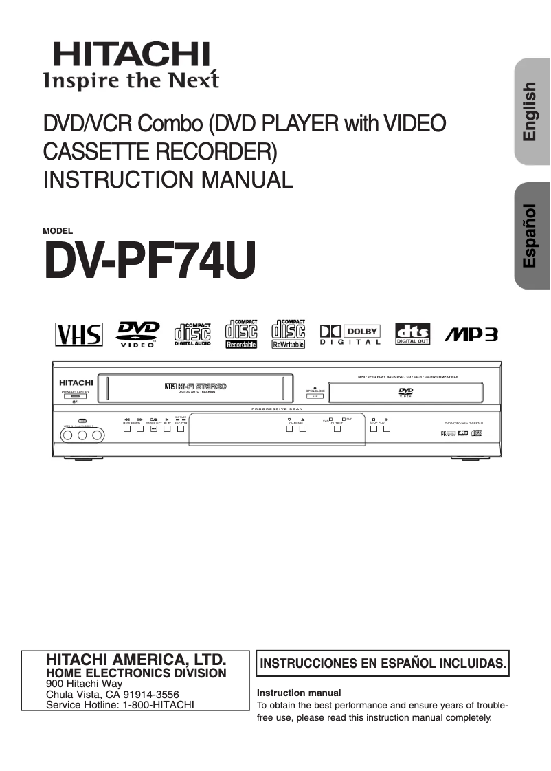 Page 1 de la notice Manuel utilisateur Hitachi DV-PF74U