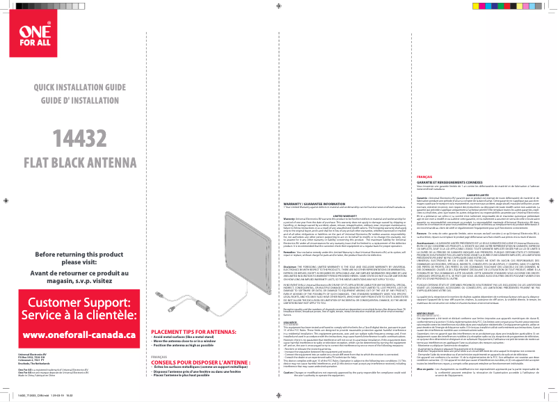 Page 1 de la notice Manuel utilisateur One for all 14432