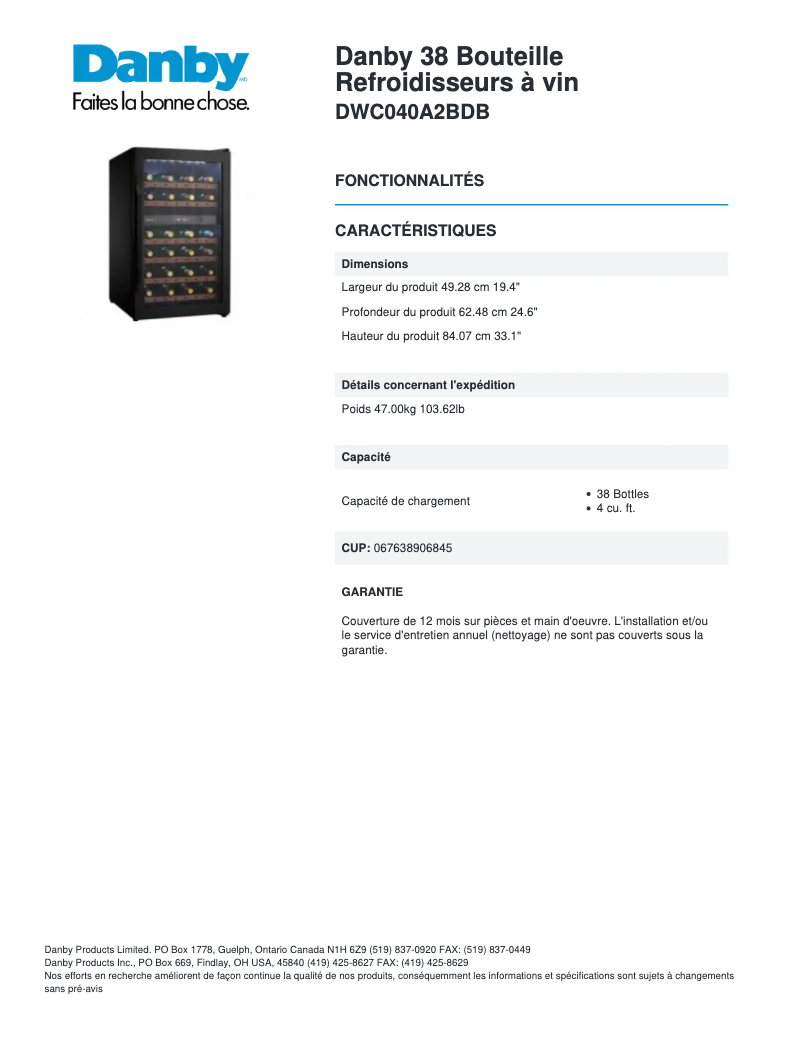 Page 1 de la notice Manuel utilisateur Danby DWC040A2BDB