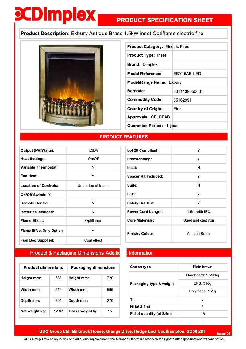 Page 1 de la notice Fiche technique Dimplex EBY15AB