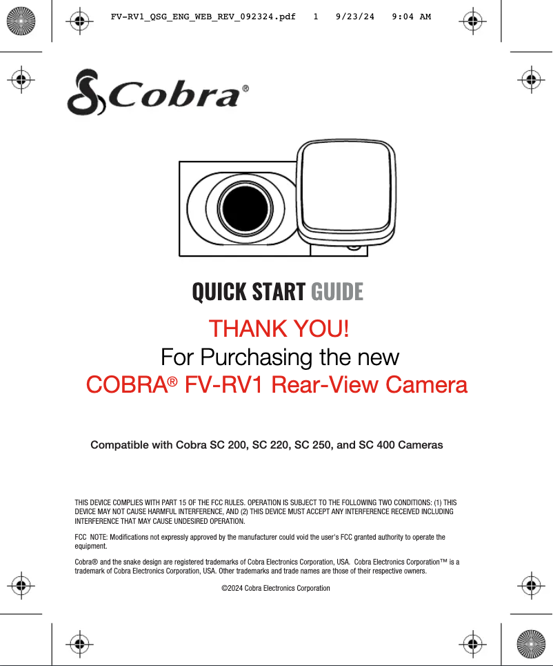 Page 1 de la notice Guide de démarrage rapide Cobra FV-RV1