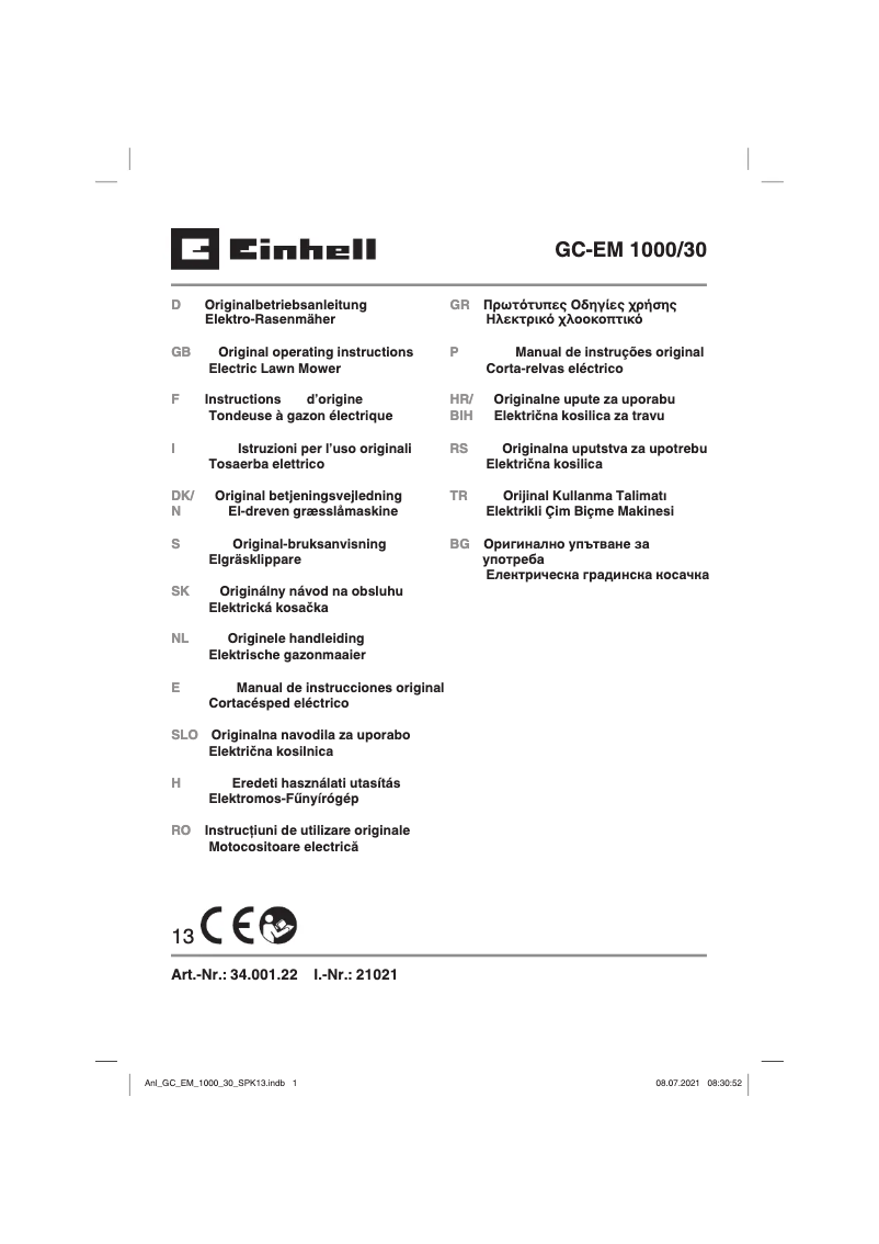 Page 1 de la notice Manuel utilisateur Einhell GC-EM 1000/30
