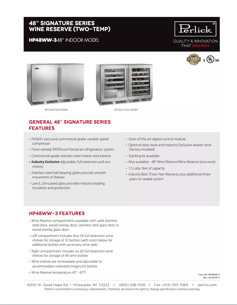 Página 1 del manual Ficha técnica Perlick Signature Series HP48WO-S-3-3L-3R