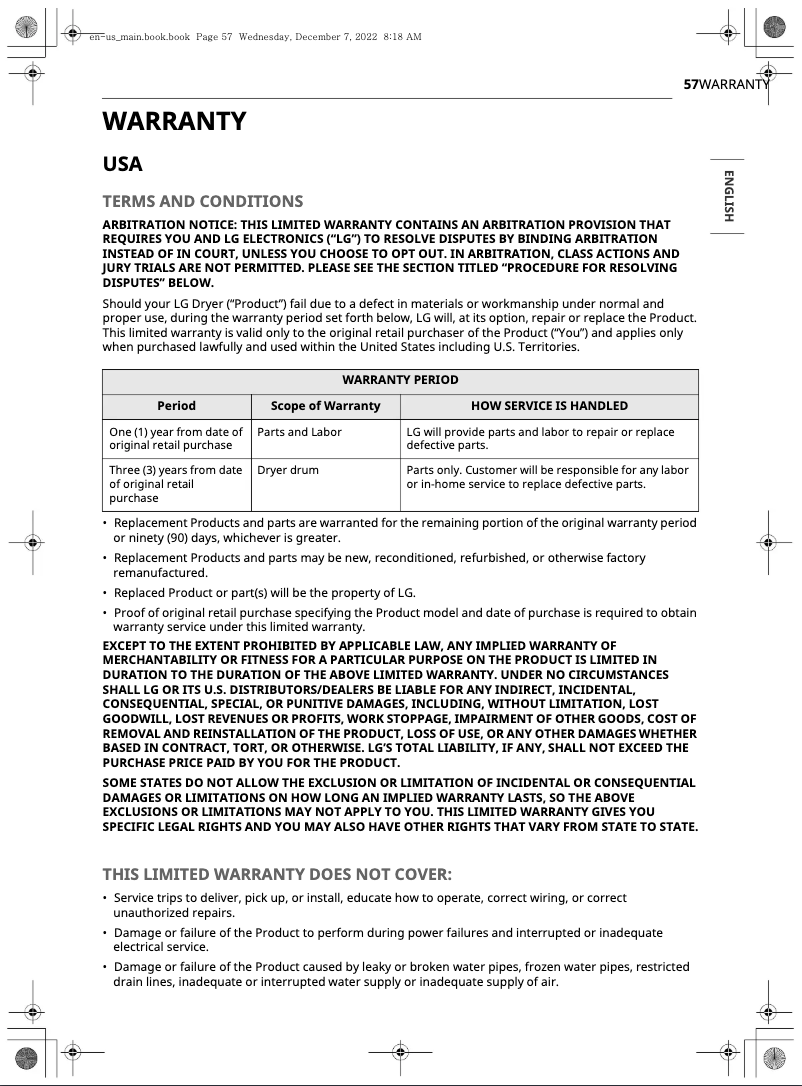 Page 1 de la notice Informations de garantie LG DLGX6501W