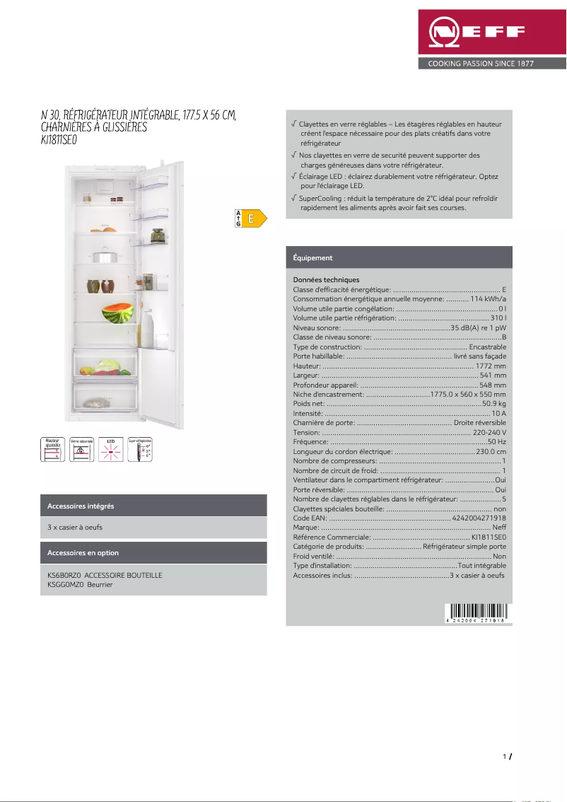 Page 1 de la notice Fiche technique Neff KI1811SE0