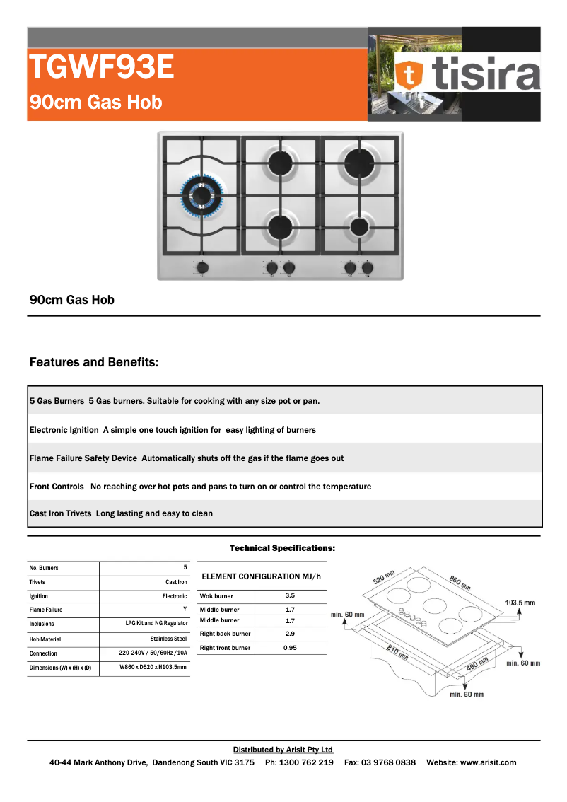 Page 1 de la notice Fiche technique Tisira TGWF93E