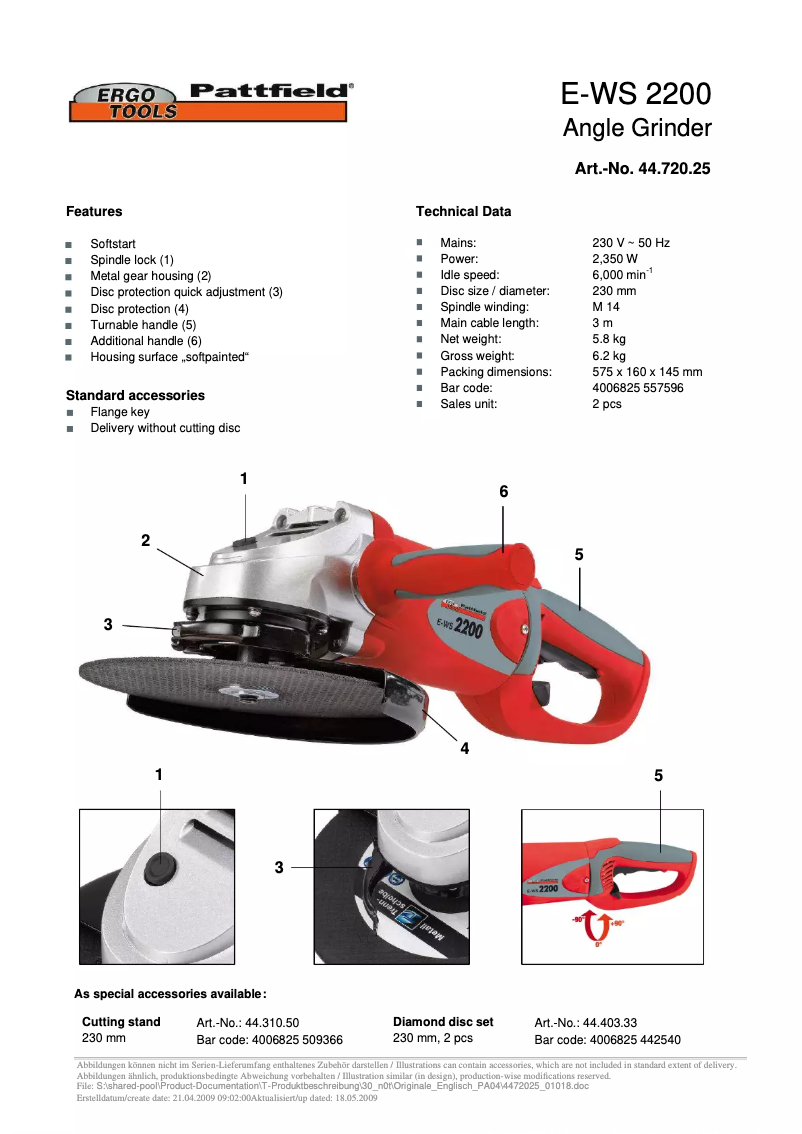 Page 1 de la notice Manuel utilisateur Ergotools Pattfield E-WS 2200