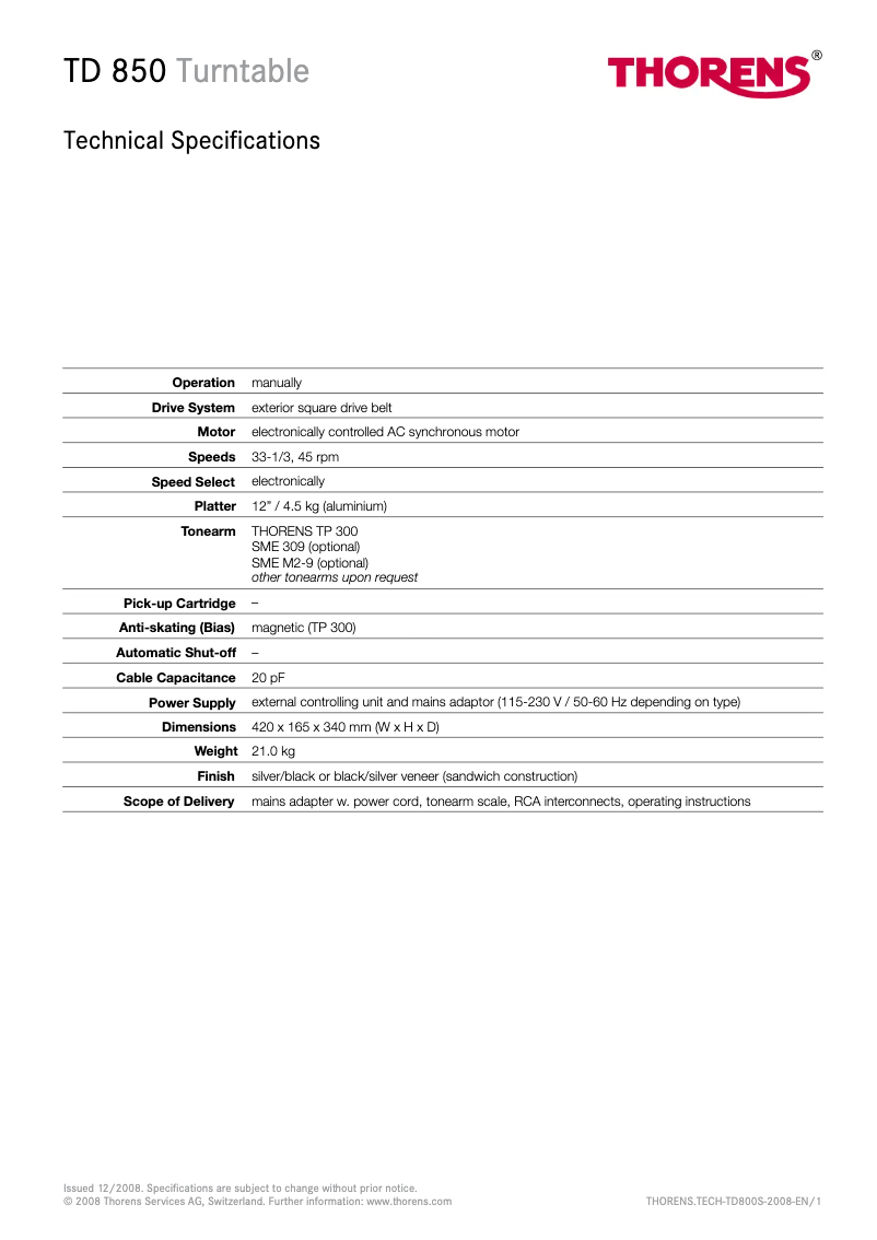 Page 1 de la notice Fiche technique Thorens TD 800