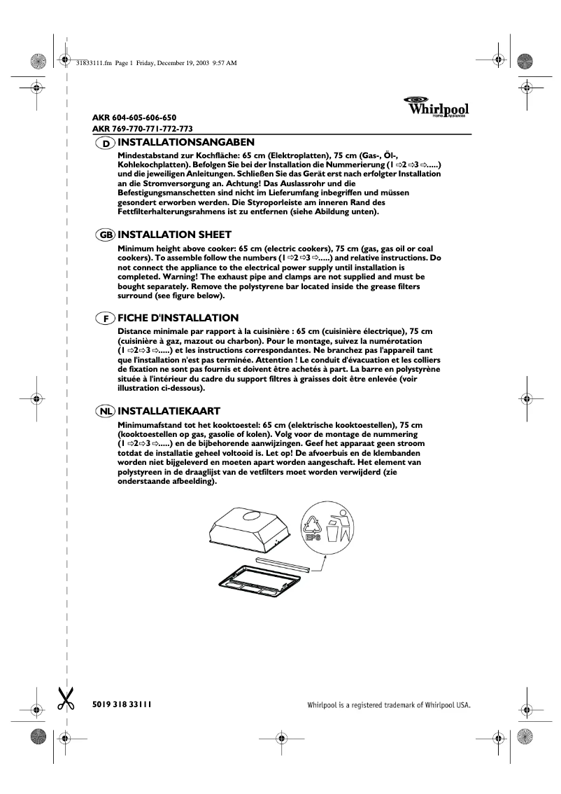 Page n°1 - Manuel utilisateur Whirlpool AKR 606 IX