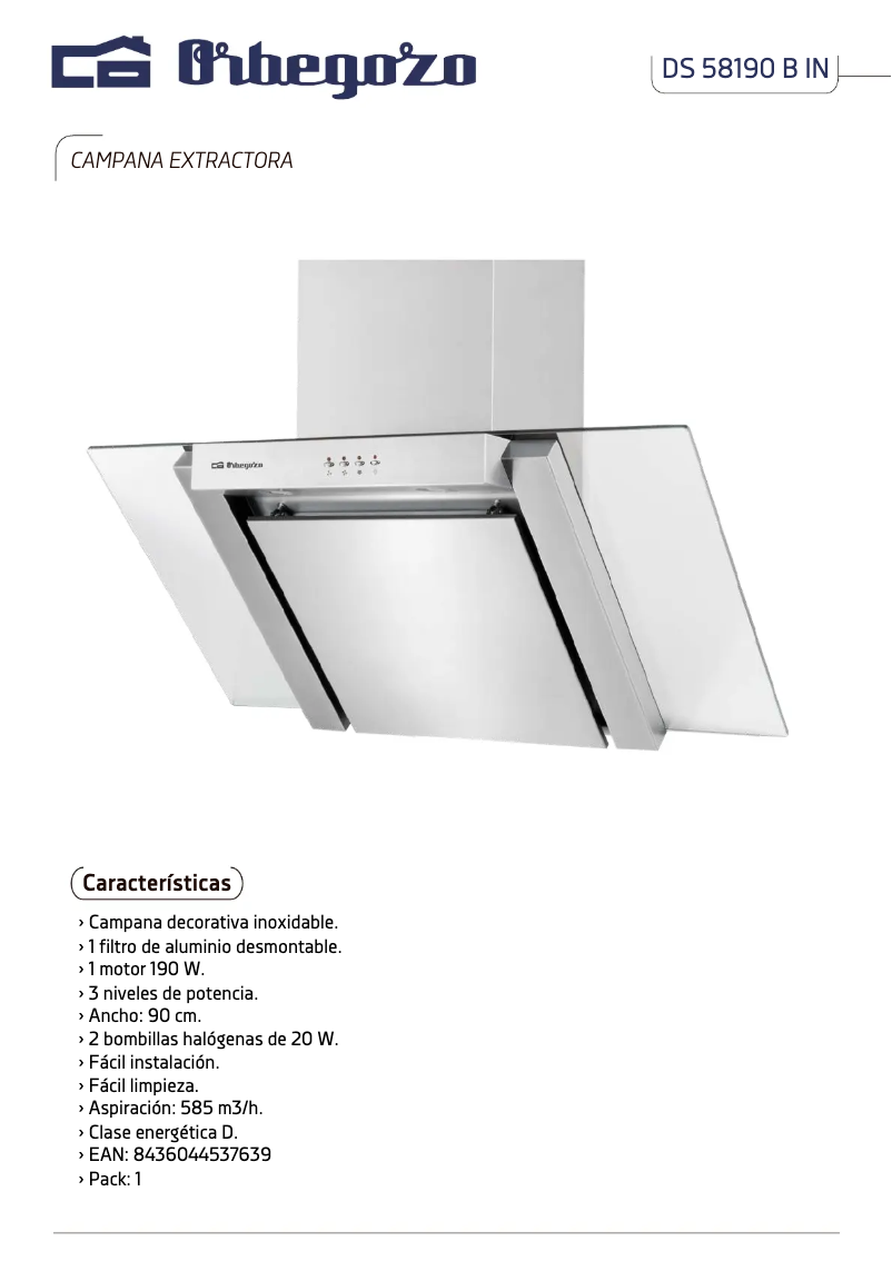 Page 1 de la notice Fiche technique Orbegozo DS 58190 B IN