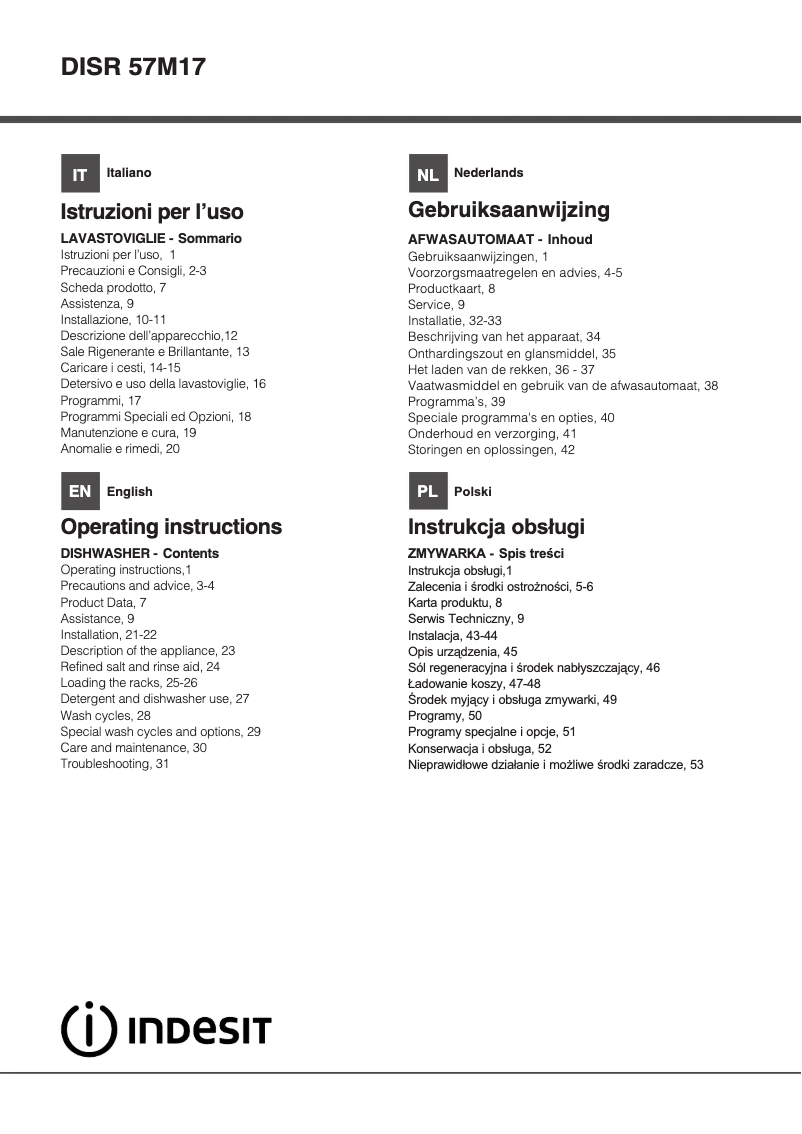 Page 1 de la notice Manuel utilisateur Indesit DISR 57M17 CAL EU