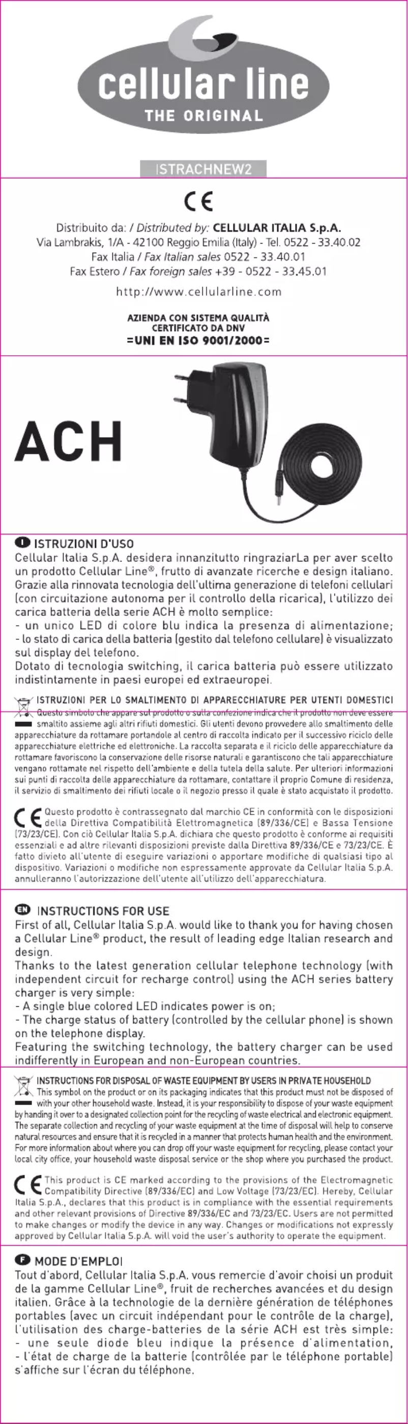 Page 1 de la notice Manuel utilisateur Cellular Line ACHIPHONE3GCL