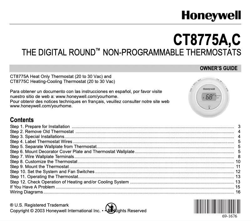Page n°1 - Manuel utilisateur Honeywell CT8775A