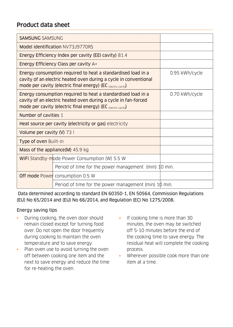 Page 1 de la notice Fiche technique Samsung NV73J9770RS
