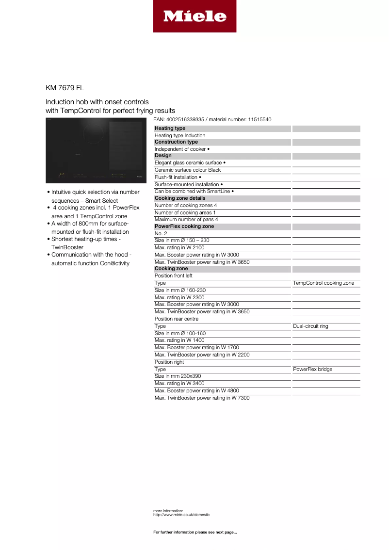Page 1 de la notice Fiche technique Miele KM 7679 FL
