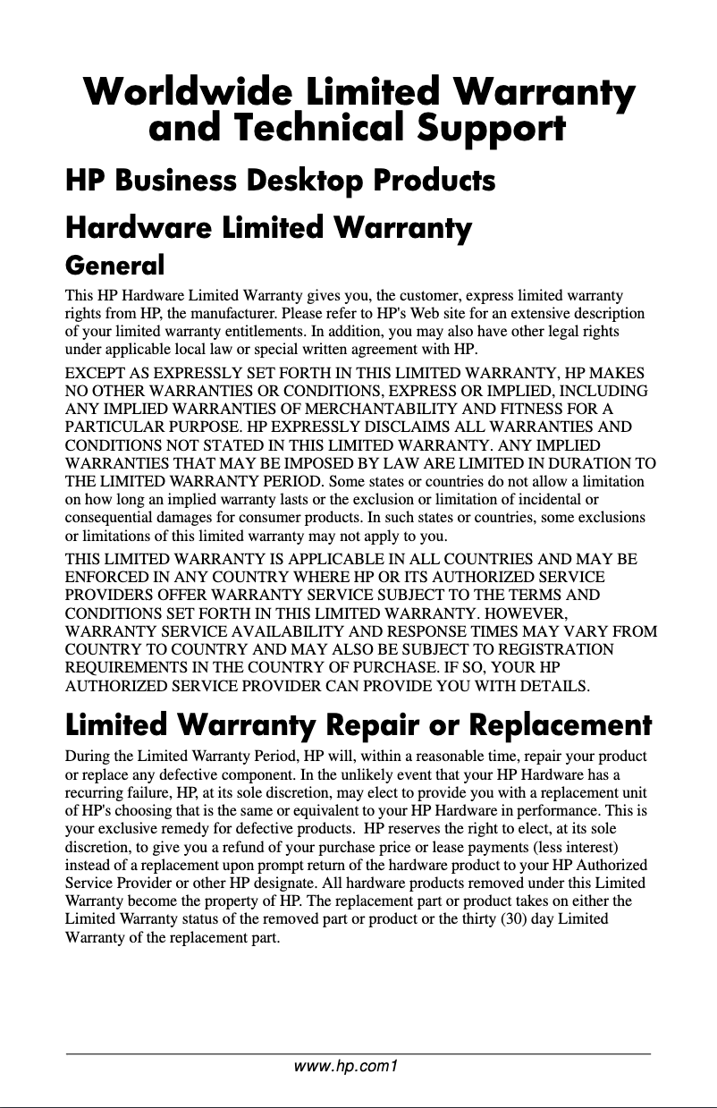 Page 1 de la notice Informations de garantie HP Compaq DC5000