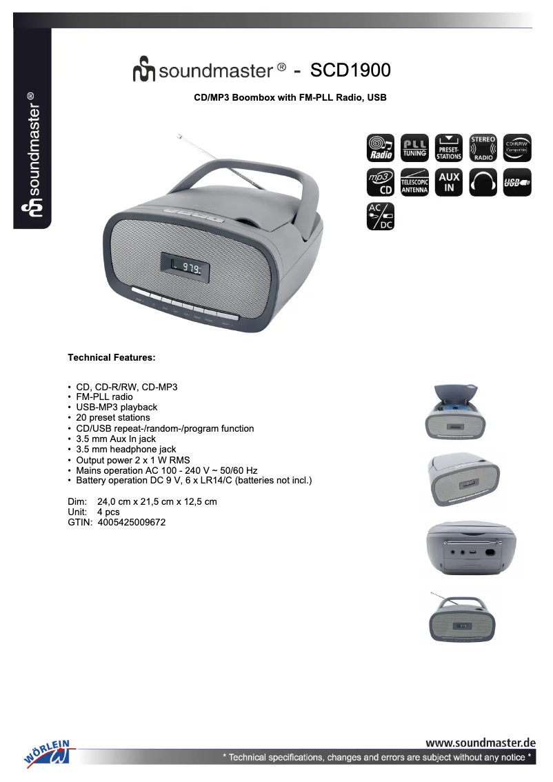 Page 1 de la notice Fiche technique Soundmaster SCD1900