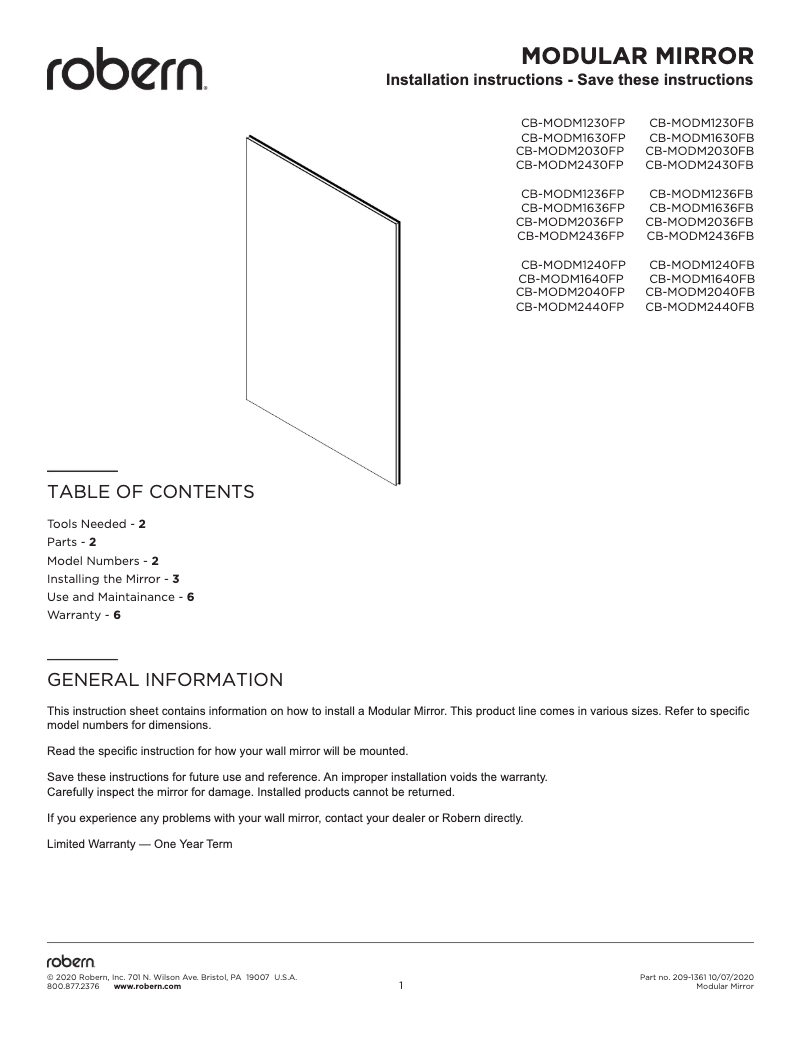 Page 1 de la notice Manuel utilisateur Robern CB-MODM1640FP