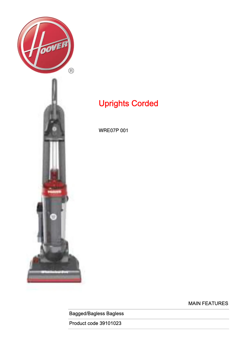 Page 1 de la notice Fiche technique Hoover Whirlwind Evo WRE07P 001