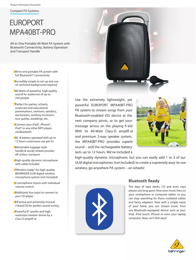 Page 1 de la notice Fiche technique Behringer Europort MPA40BT-PRO