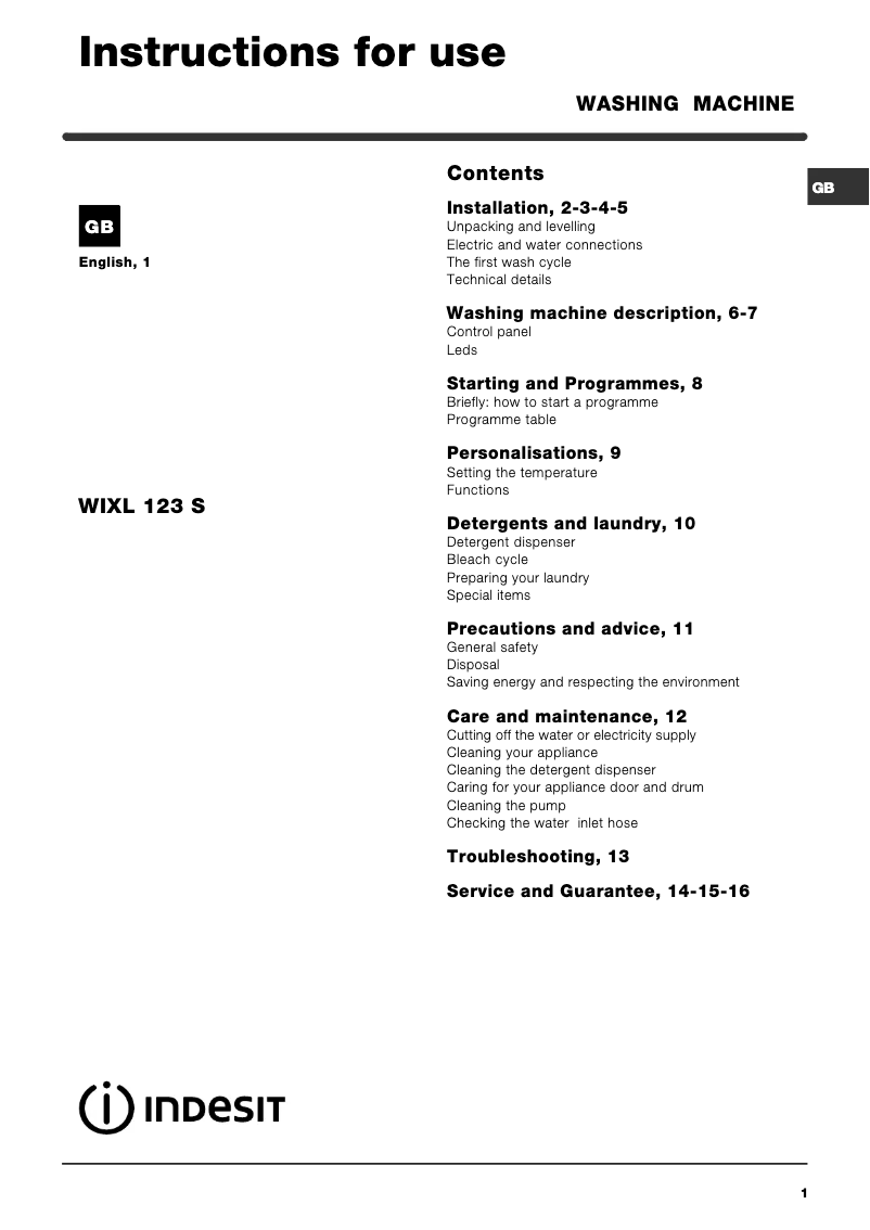Page 1 de la notice Manuel utilisateur Indesit WIXL 123 S (UK).1