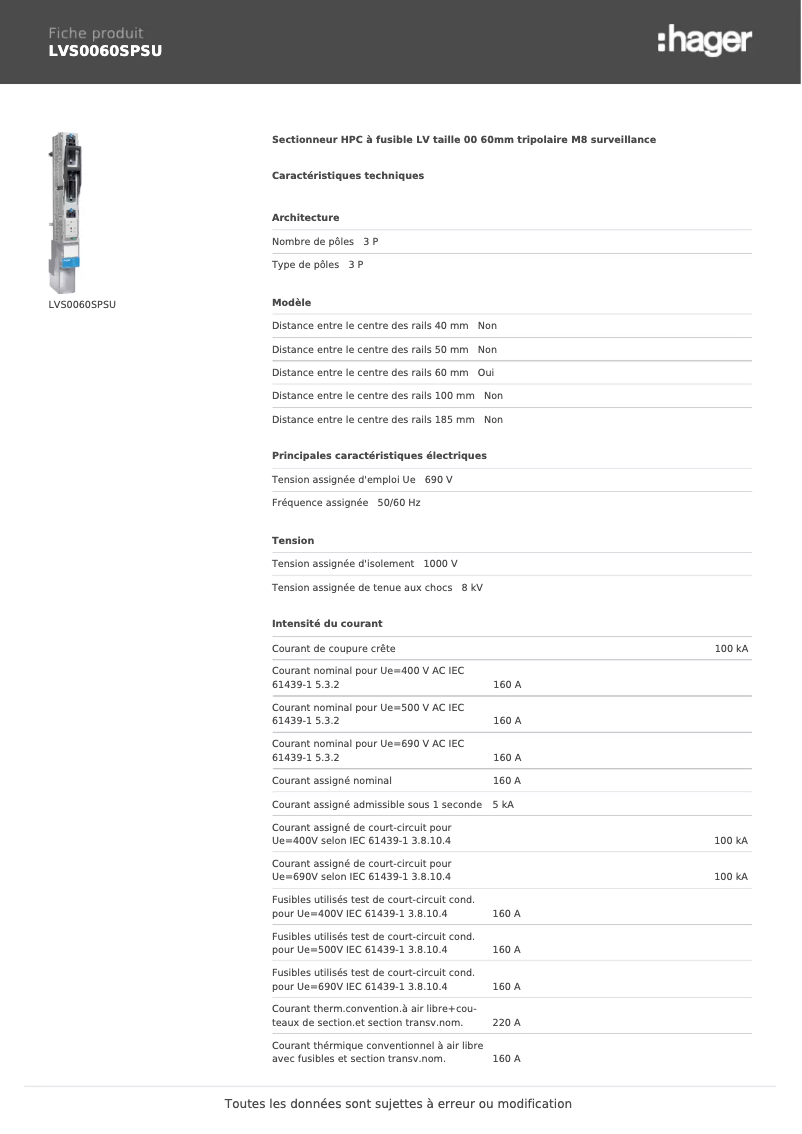 Page n°1 - Fiche technique Hager LVS0060SPSU