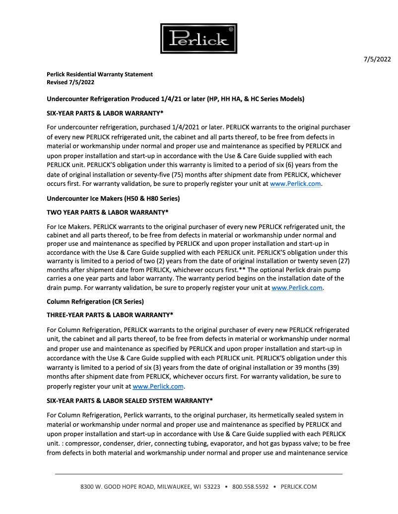 Página 1 del manual Información de garantía Perlick CR24R-1-2R