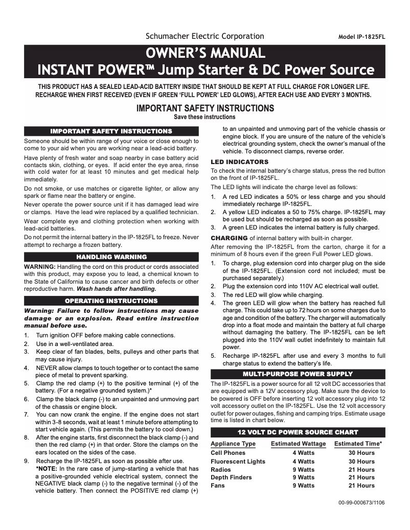 Page 1 of the manual User Manual Schumacher Instant Power IP-1825FL