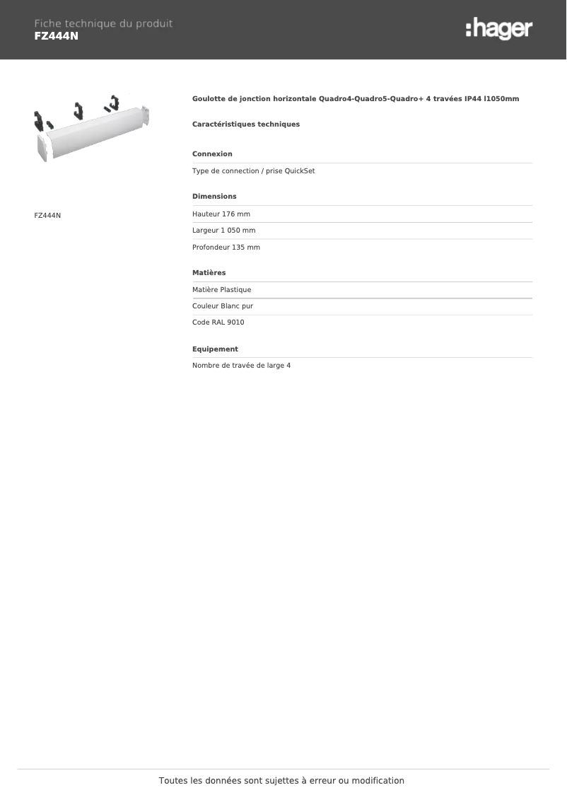 Page 1 de la notice Fiche technique Hager FZ444N